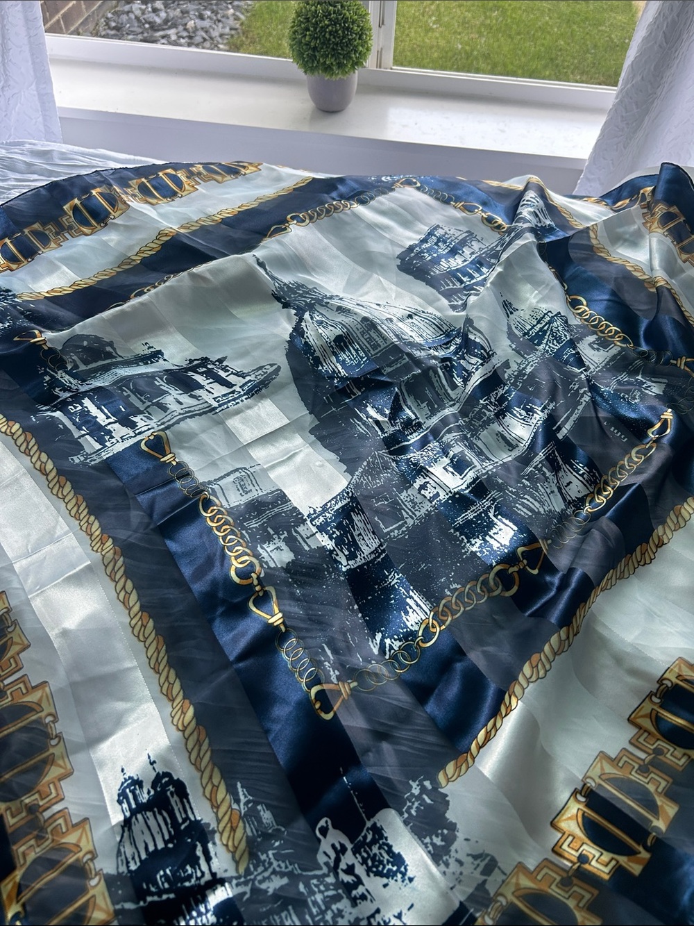 Large 40" x 37" navy gold white satin scarf with Roman buildings
